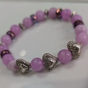 Handmade Purple Jade Beaded Heart Charm Bracelet 7"